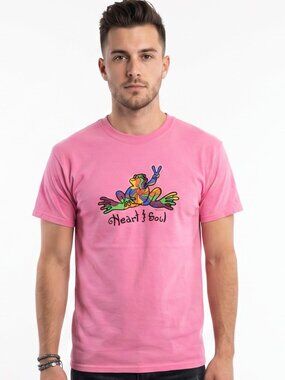 Peace Frogs Mens "Heart & Soul" Rainbow Frog Graphic Pink Tee Shirt New Small